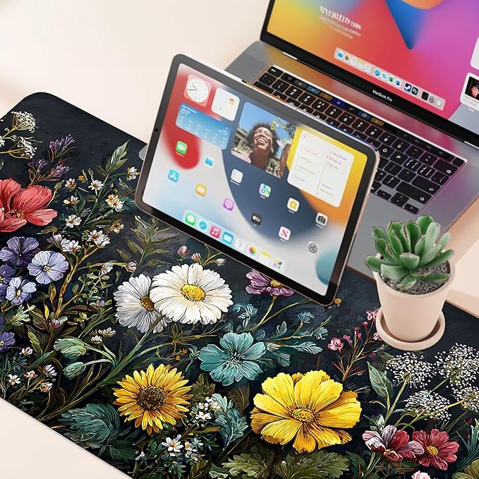 Desk Mat, XXL Extended Gaming Pad for Desktop, 31x12 Inches Vibrant Floral Colorful Flower Bouquet, Large Non-Slip Vegan Leather Surface with Stitched Edges, Keyboard Mouse Mat for Home Office