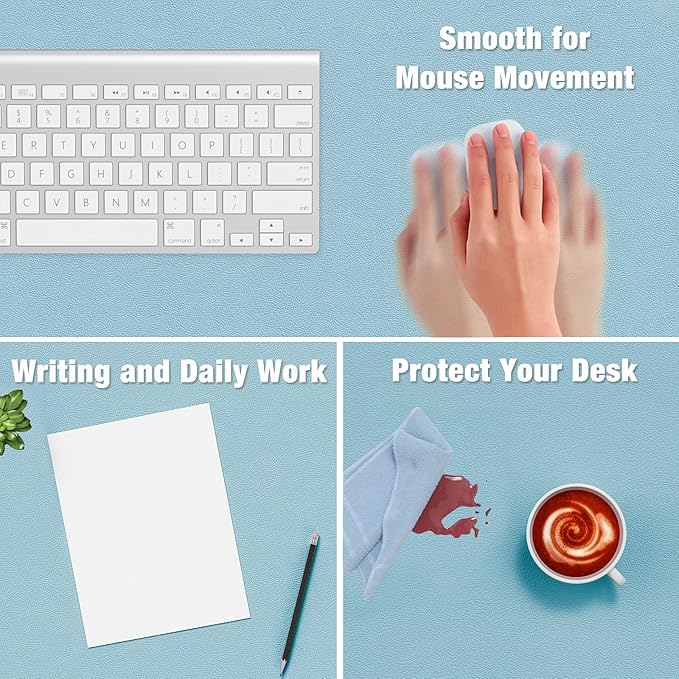 Hsurbtra Desk Pad, 35.5" x 17" PU Leather Desk Mat, XXL Extended Mouse Pad, Waterproof Desktop Blotter Protector, Non-Slip Ultra Thin Large Laptop Keyboard Writing Mat for Office Home, Lake Blue