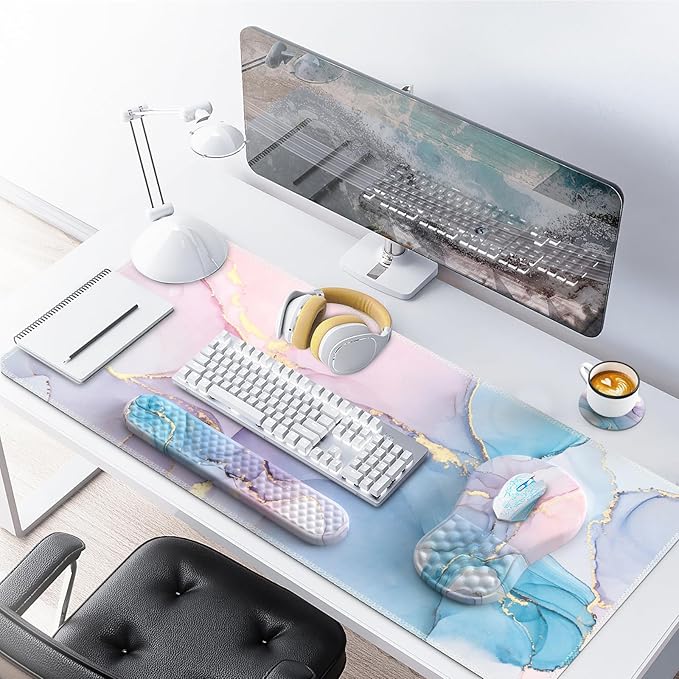 Desk Pad Mat, Large Mouse Pad with Wrist Rest, Ergonomic Keyboard and Mouse pad with Massage Design & Memory Foam, Computer Mouse Pad for Home Office Study Game, Pink Blue Marble