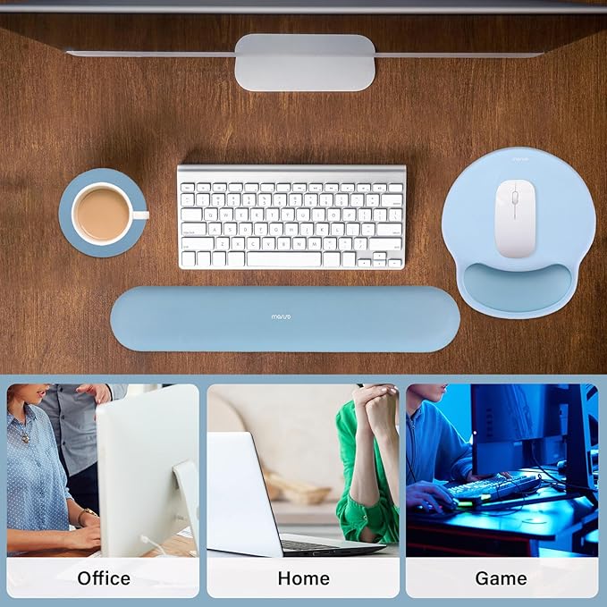 MOSISO Wrist Rest Support for Mouse Pad&Keyboard Set, Circle Curved Ergonomic Mousepad&Coaster Non-Slip Base Home/Office Wrist Support&Easy Typing Pad with Soft Cloth&Silicone Lining, Air Blue