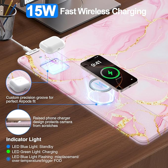 Pink Marble Mouse Pad with 15W Wireless Charging, 31.5"x15.8" Large Gaming Desk Pad/Mat for Women Girls, Waterproof Ultra-Smooth Surface, Non-Slip Base, with 20W PD Adapter