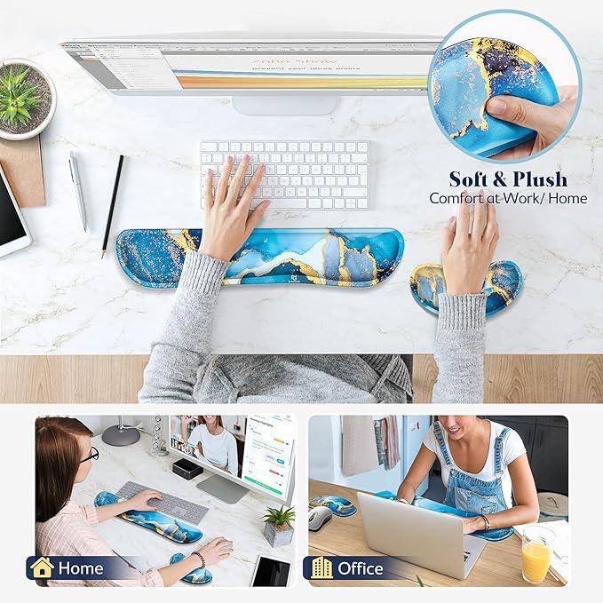Gimars Upgrade Enlarge Gel Memory Foam Set Keyboard Wrist Rest Pad, Mouse Wrist Cushion Support for Office, Computer, Laptop, Mac, Comfortable, Lightweight for Easy Typing, Blue Gloden