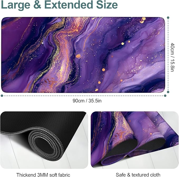 Purple Marble Extended Gaming Mouse Pad 35.4x15.7Inch Large Desk Mat Anti-Slip Rubber Base & Durable Stitched Edges for Gamers Smooth Mouse Writing Surface for Desk Office/Home