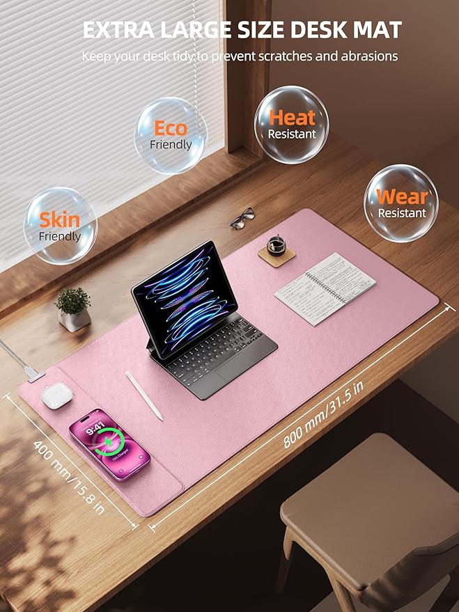 TopMade Mouse Pad with 15W Wireless Charging, XXL Large Leather Desk Mat, Waterproof Gaming Mousepad Home Office Desk Pad Protector, Pink (Includes 20W PD Power Adapter & 6.56ft Woven Cable)