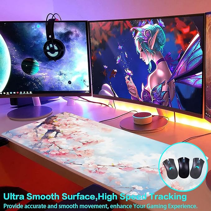 Large Gaming Mouse Pad for Desk,Cherry Blossom Tree Desk Mat for Desktop,Watercolor Floral Desk Pad, Extended Big Computer Keyboard Mouse Pad with Non-Slip Base Stitched Edges 35.4"x15.7"