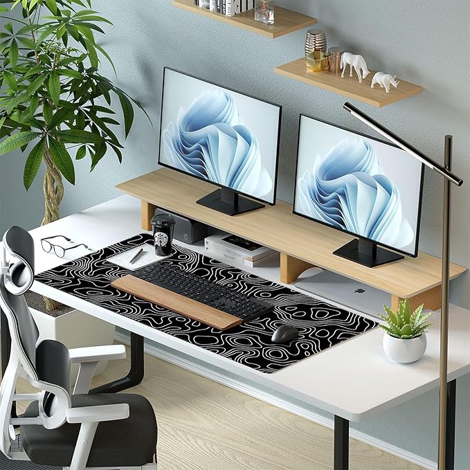 Black and White Topographic Map Gaming Mouse Pad - XXL Extended Desk Mat for Keyboard & Mouse (31.5" x 15.7") with Non-Slip Base & Stitched Edges - Washable Surface for Computer or Gaming Desk