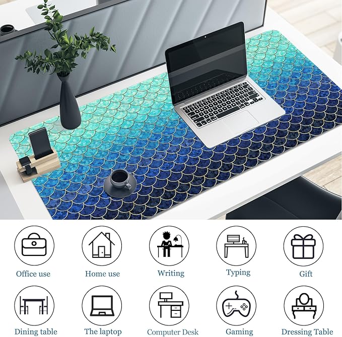 Desk Mat, Desk Matt for Desktop, DeskPad Mat, XXL Large Mouse Pad for Desks, Anti-Slip Big Mousepad with Stitched Edges, Keyboard Mouse Mat for Computer, Work, Office, Game, Home, Blue Mermaid