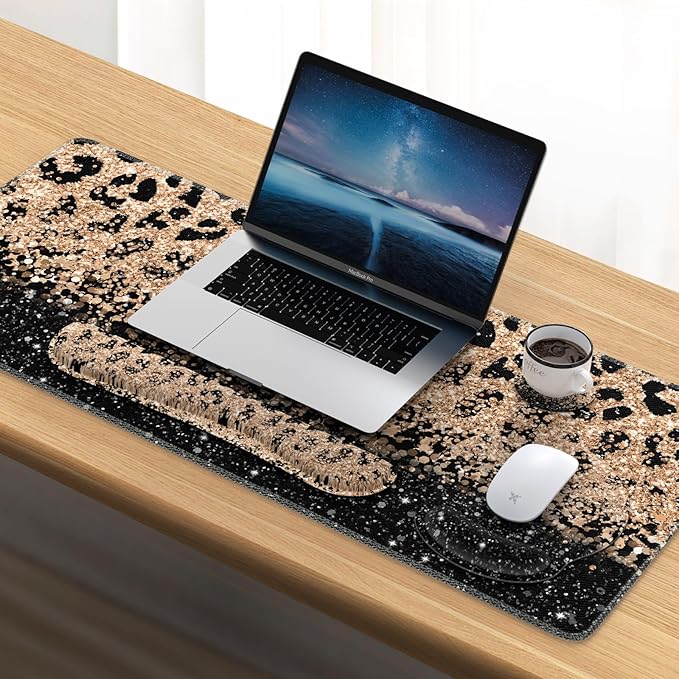 iLeadon Mouse Pad Set, Desk Mat + Mouse Pad with Wrist Rest + Keyboard Wrist Rest + Coaster, 4in1 Leopard Mouse and Keyboard Pad Set for Home Office, Black Gold Leopard