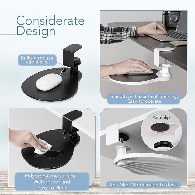 EHO Clamp-On Under Desk Mouse Tray, 360° Swivel Ergonomic Platform with Cable Organizer, Smooth Glide Surface for Gaming or Office, Fits Desks 0.5"-1.5" Thick, Tool-Free Install, TAA-Compliant