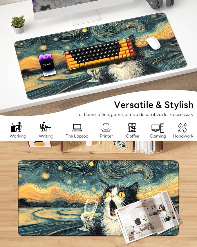 XL Gaming Mouse Pad, 31.5x15.7'' Large Desk Mat with Anti-Slip Rubber Base & Stitched Edges for Gaming, Office, Home, Shocked Cat