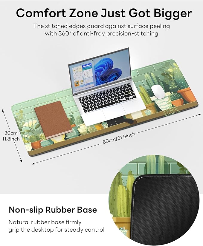 Cute Cat Mouse Pad, 31.5 x 11.8 Large Desk Mat with Stitched Edges & Non-Slip Base, Mousepad for Office, Home, Work