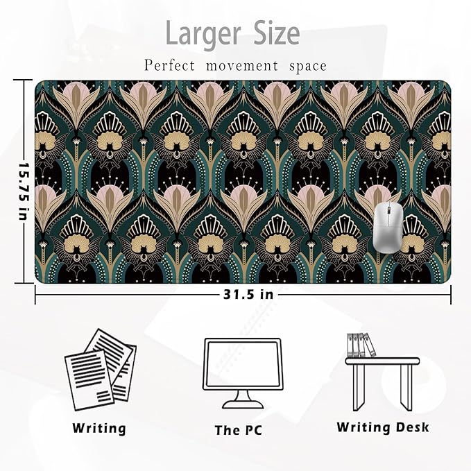 Art Deco Floral Mouse Pad 31.5x15.7inch, 1920s Maximalist Gothic Bats and Flowers Mouse Pads for Wireless Mouse Computers Laptop Desk Accessories, Gothic Office Supplies