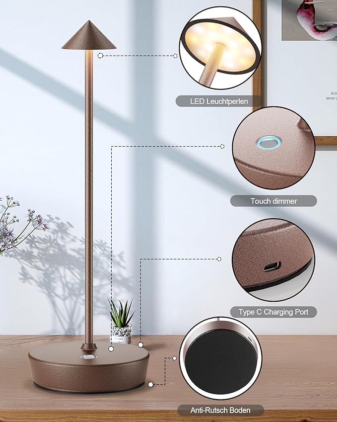 Cordless Table Lamps Rechargeable, 6000mAh Battery Operated LED Desk Lamp Outdoor Waterproof Portable Touch Dimmable Table Night Light for Patio Restaurant Dining Home Rust