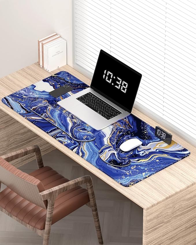Auhoahsil Large Mouse Pad with Wrist Rests for Keyboard & Mouse, Thick Soft Ergonomic Memory Foam Wrist Supports, Big & Long Desk Mat 35.5 x 15.7 in, for Office Gaming Computer, Navy Marble