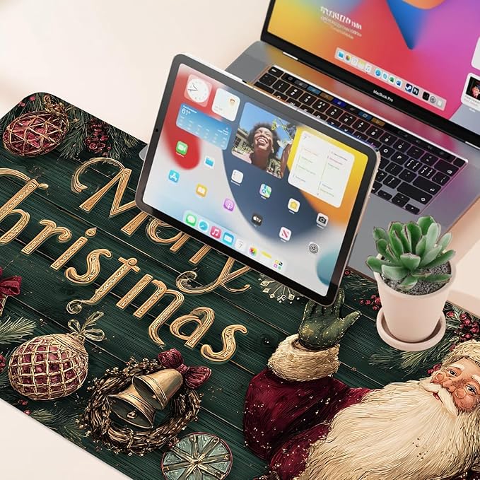 Desk Mat, XXL Extended Gaming Pad for Desktop, 35x16 Inches Vintage Santa, Large Non-Slip Vegan Leather Keyboard Mouse Mat for Home Office