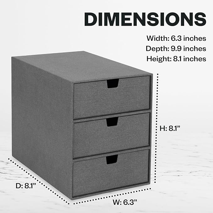 Bigso Box of Sweden Ingrid 3-Drawer Canvas Fiberboard Desk Organizer for Office Supplies and Accessories - Stackable Makeup Drawer Organizer - 6.3in x 9.9in x 8.1in - Grey (Pack of 2)