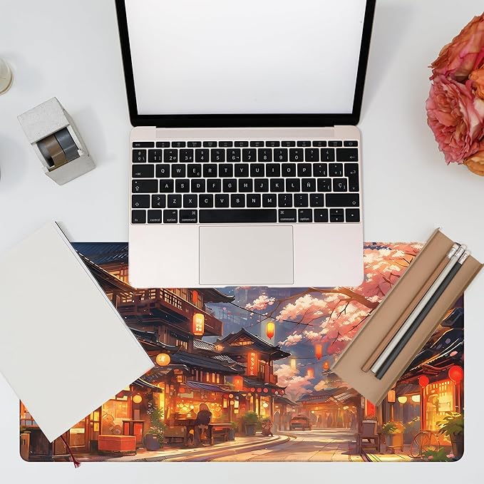 Desk Pad, Japanese Anime Night Street Scene Desk Mat, Anime Street Scene Large Gaming Mouse Pad, 31.5"x15.7" Extended Big Computer Mouse Pad with Non-Slip Base and Stitched Edge