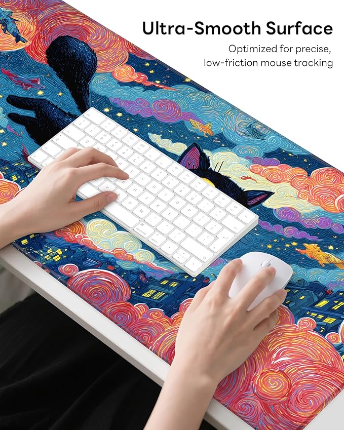 XL Gaming Mouse Pad, 31.5x15.7'' Large Desk Mat with Anti-Slip Rubber Base & Stitched Edges for Gaming, Office, Home, Flying Cat