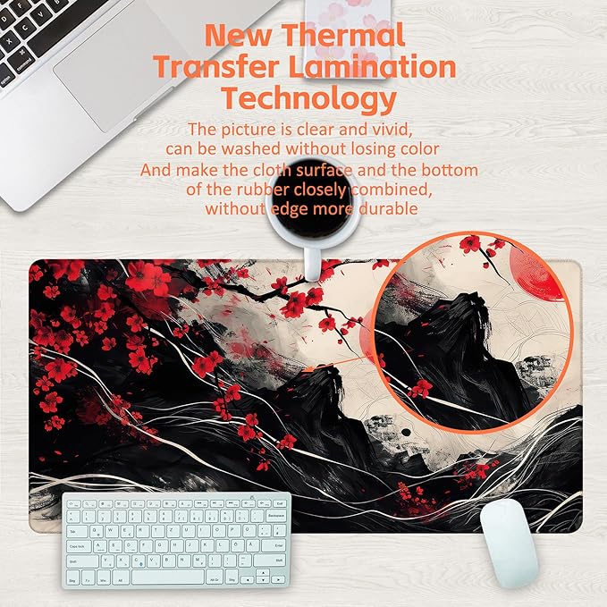 Desk Pad, Black Red Ink Painting Desk Mat, Cherry Blossom Trees Sun Waves Large Gaming Mouse Pad, 31.5"x15.7" Extended Big Computer Mouse Pad with Non-Slip Base and Stitched Edge