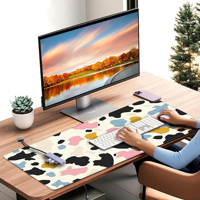 XXL Gaming Mouse Pad, Colored Spots Design, 35.4 x 15.7 Inches, Microfiber Cloth, Non-Slip Rubber Base, Rectangular Extended Desk Mat