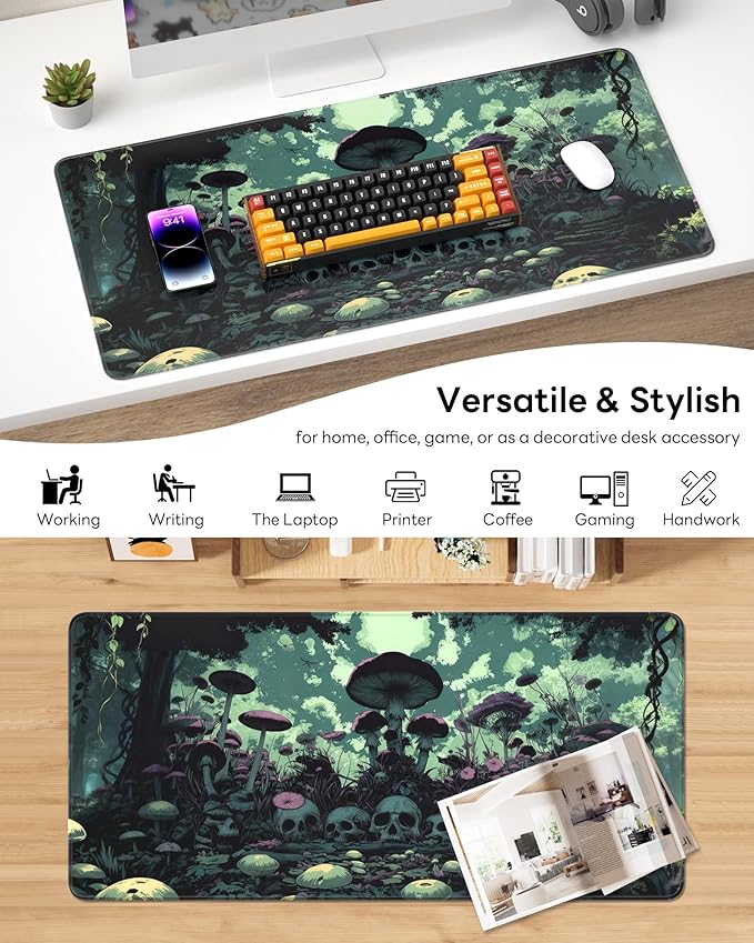 XL Gaming Mouse Pad, 31.5x15.7'' Large Desk Mat with Anti-Slip Rubber Base & Stitched Edges for Gaming, Office, Home, Gloomy Cemetery