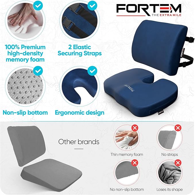 FORTEM Seat Cushion, Office Chair Cushion, Lumbar Support Pillow for Office Chair, Memory Foam Ergonomic Coccyx & Lumbar Support, Car Sitting Pad, Washable Non-Slip