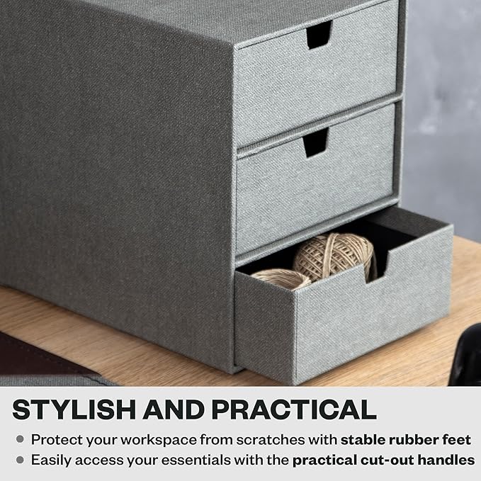 Bigso Box of Sweden Ingrid 3-Drawer Canvas Fiberboard Desk Organizer for Office Supplies and Accessories - Stackable Makeup Drawer Organizer - 6.3in x 9.9in x 8.1in - Grey (Pack of 2)