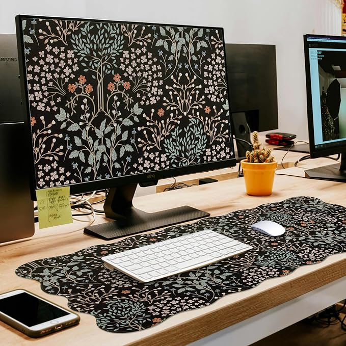 L-SPOUTTO Botanical Mouse Pad,Black Desk Mat XXL Large Scalloped Gaming Mousepad,35.4x15.12in Non-Slip Base Keyboard Pad Waterproof Desktop Mat for Laptop Computer Game Home Office-Seamless Plants