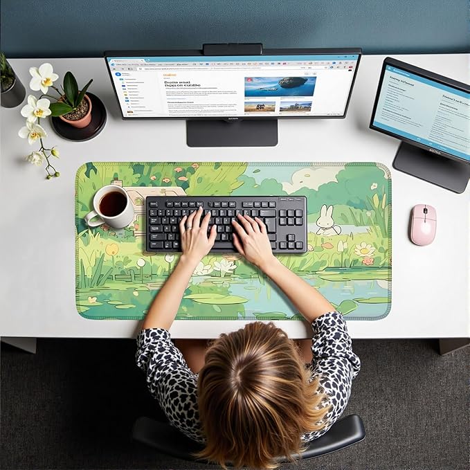 Cute Anime Bunny Forrest Green Mouse Pad Xl-31.5x15.7in-Desk Mousepad-Extended Aesthetic Keyboard Mouse Pad-for Desk Kid Girl with Stitched Edges Non-Slip Cozy Office Decor