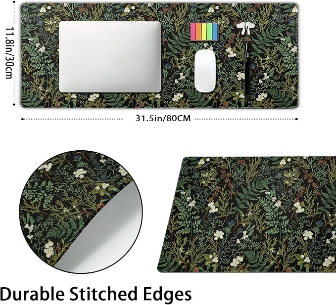 aportt Black Aesthetic Vintage Botanical Gaming Mouse Pad XL Cute Forest Green Plant Nature Floral Extended Large Big Mousepad Non-Slip Stitched Edge Long Mat for Desk Office Computer,31.5×11.8 in