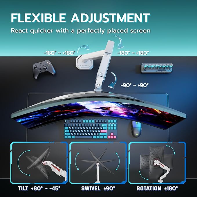 ARES WING Single Monitor Arm for 17-40 Inch Flat Curved Ultrawide Screens Up to 26.5lbs, Fully Adjustable Single Monitor Mount, C-Clamp & Grommet Base, 75/100 Vesa Mount, White