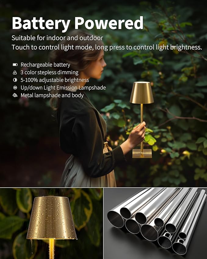 KDG 2 Pack Cordless Table Lamp,Portable LED Desk Lamp, 4000mAh Battery Operated, 3 Color Stepless Dimming Up, for Restaurant/Bedroom/Bars/Outdoor Party/Camping/Coffee Shop Night Light(Gold)
