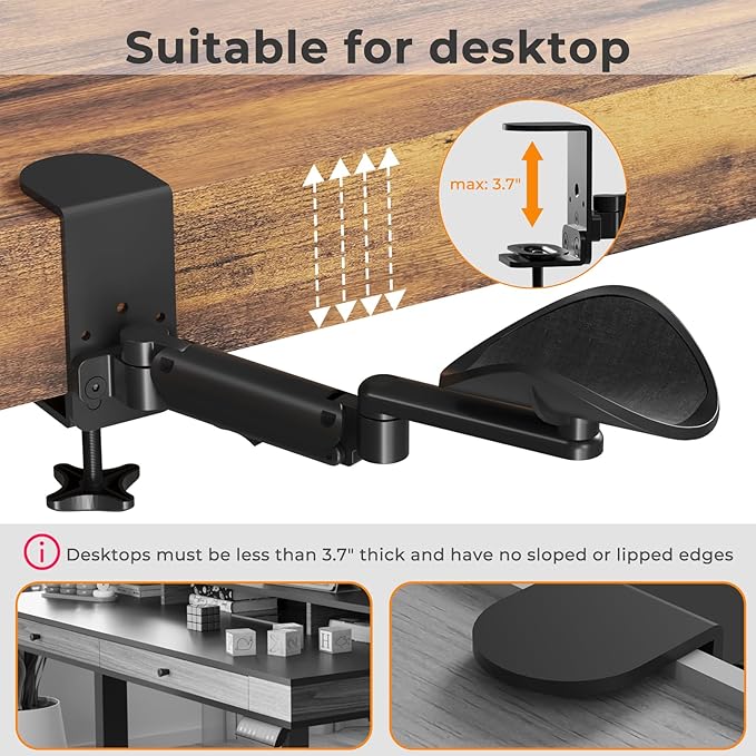 JOY worker Universal Clamp-on Adjustable Arm Rest, Ergonomic 360° Rotating Elbow Rest Pad for Desk, 6-Level Height Desk Arm Support for Thicker Desktop, Left/Right Hand, Black