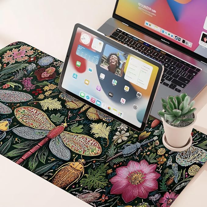 Desk Mat, XXL Extended Gaming Pad for Desktop, 31x12 Inches Butterflies and Dragonflies Garden Scene, Large Non-Slip Vegan Leather Keyboard Mouse Mat for Home Office