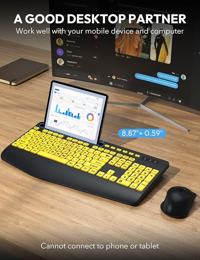 SABLUTE Wireless Keyboard and Mouse, Wrist Rest, Large Print, Phone Holder, 2.4G Ergonomic Keyboards Mouse Combo, KM23D Silent High Contrast Set for Low Vision and the Elderly, Battery Powered