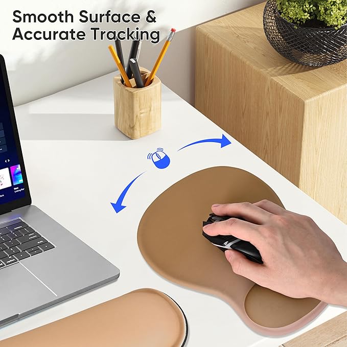 Wrist Rest Support for Mouse Pad Keyboard Set Circle Coaster Gaming Mouse Pad Ergonomic Gel Memory Foam Set for Computer, Laptop, Office, Comfortably Typing Brown KM-32