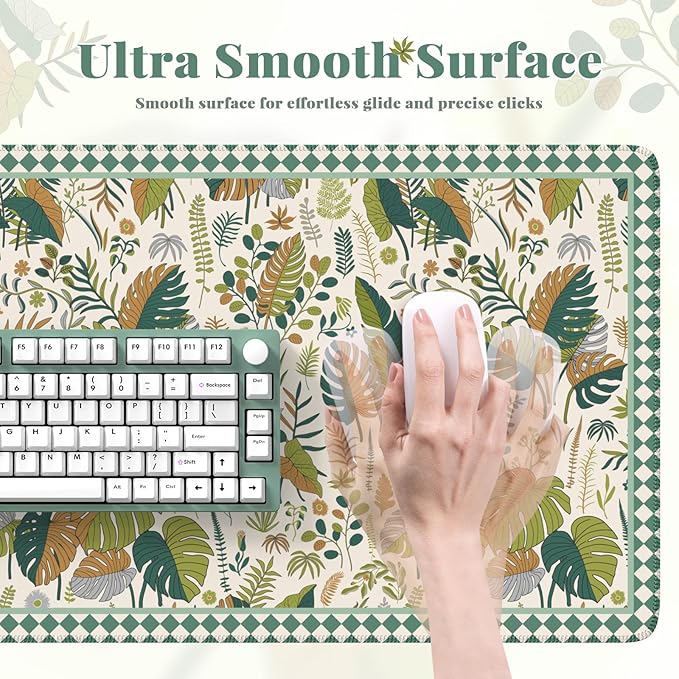 Large Mouse Pad for Desktop, Cute Desk Mat Pad Protector for Work & Gaming, Aesthetic Pretty Anti-Slip Laptop Blotter Cover for Office School Home Supplies, Green Leaves, 35.4" x 15.7"