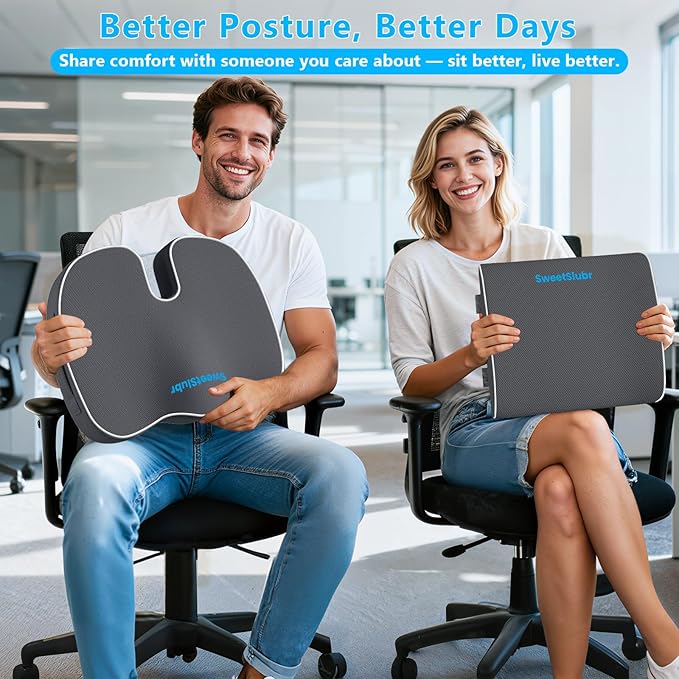 SweetSlubr Seat Cushion, Lumbar Support Pillow with Adjustable Strap-Chair Cushions for Sciatica Pain Relief-with Washable Cover Memory Foam for Car, Travel and Wheelchair Gray/Large