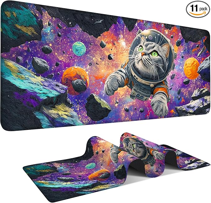 Cat Astronaut Extended Gaming Mouse Pad 35.4x15.7Inch Large Desk Mat Anti-Slip Rubber Base & Durable Stitched Edges for Gamers Smooth Mouse Writing Surface for Desk Office/Home