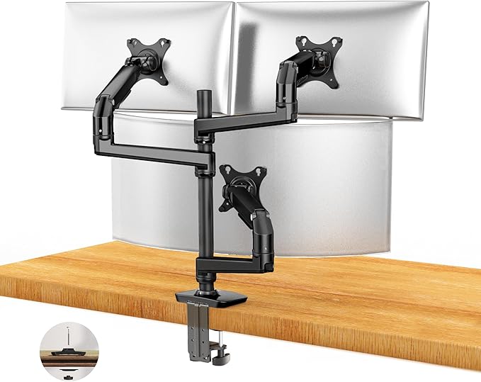 Heavy Duty Triple Monitor Mount, Mechanical Spring 3 Monitor Arm Fits Three 13-40 Inch Screens (25 lbs/Arm), Fully Articulating VESA Desk Stand (C-Clamp/Grommet), Premium Aluminum, Black