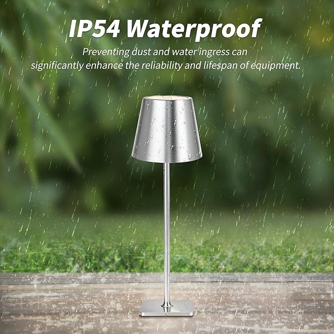 Mr. White Outdoor Waterproof Cordless Wireless Rechargeable Portable Top Touch Battery Operated Powered LED Table Lamp Desk Lamp Lights for Restaurant Kitchen Patio Dinner Dining (Nickel)