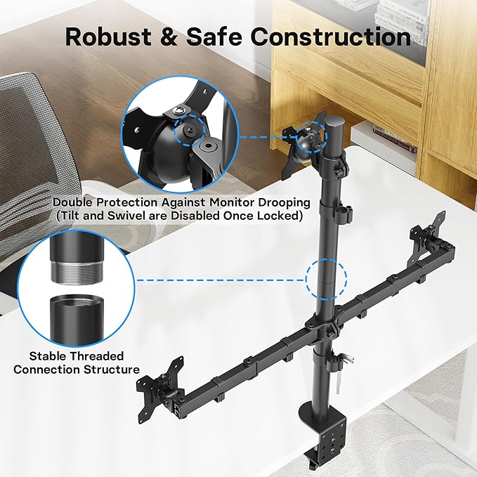 BONTEC Triple Monitor Desk Mount, Supports 13-32 Inch Screens, Full Motion Adjustability, VESA 75x75/100x100mm, Up to 22lbs per Arm, C Clamp and Grommet Mounting Options, Cable Management