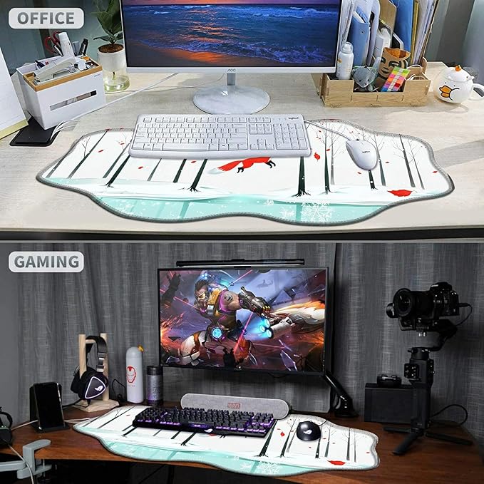 Winter Forest Fox Large Gaming Mouse Pad Plus a Coaster, 35.4 x 15.7 inches Desk Mat Extended XXL Mousepad with Stitched Edge Non-Slip Rubber, Desk Pad Computer Mouse Mat for Home Office