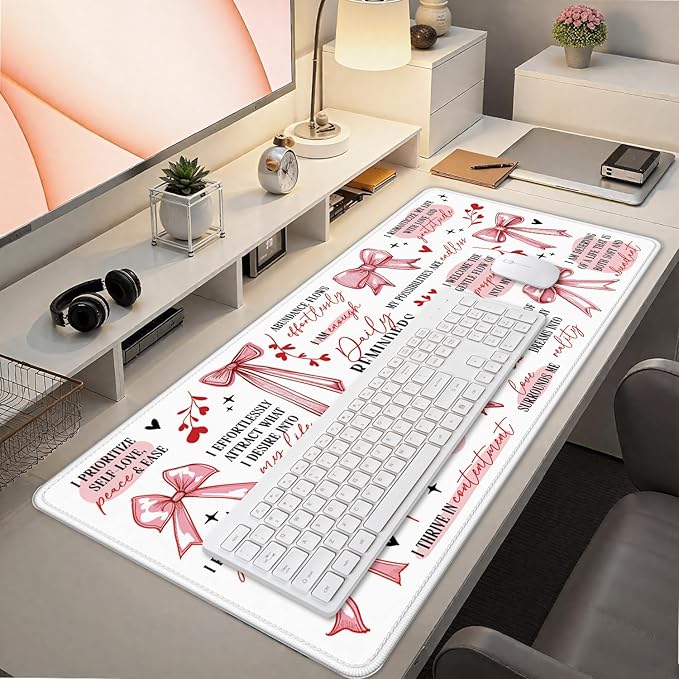 Coquette Preppy Pink Bow Inspirational Large Mouse Pad 31.5x15.7inch, Daily Reminders Large Extended Computer Desk Mat Mousepad for Keyboard and Mouse, Girly Office Desk Accessories