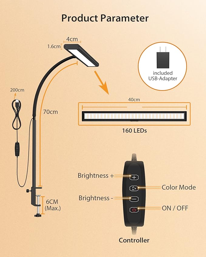 Desk Lamp [3 Color & 10 Brightness] 160 LEDs Dimmable Desk Lamp Home Office USB Lamp with Clamp, Eye-Caring Clip on Desk Light Working for Video Conference Workbench Drafting Crafting Drawing Reading