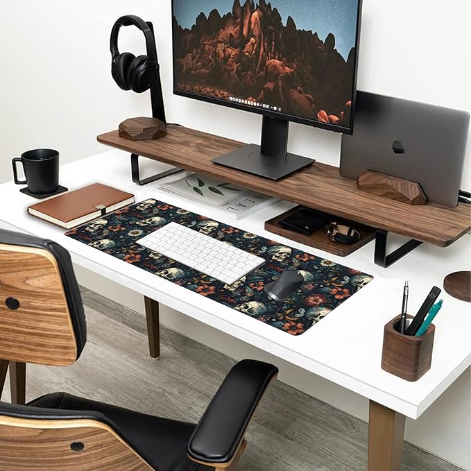 Desk Mat,Skulls with Flowers Large Gaming Mouse Pad XL,Skull Floral Desk Pad,Extended Big Computer Keyboard Mousepad with Non-Slip Base and Stitched Edges 31.5"x11.8"