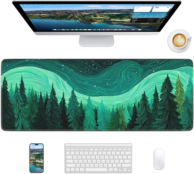Nature Mouse Pad, 31.5 x 11.8 Large Desk Mat with Stitched Edges & Non-Slip Base, Mousepad for Office, Home, Work, Green Illustration