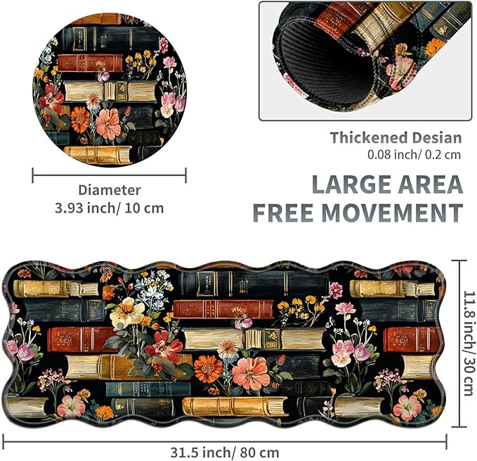 Flowers Bookshelves Large Gaming Mouse Pad Plus a Coaster, 31.5 x 11.8 inches Desk Mat Extended XL Mousepad with Stitched Edge Non-Slip Rubber, Desk Pad Computer Mouse Mat for Home Office