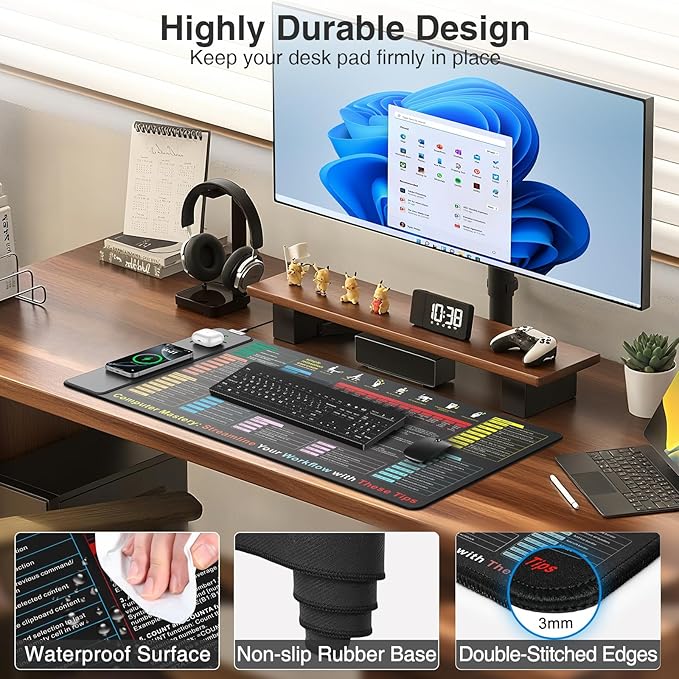 Excel Cheat Sheet Mouse Pad with Wireless Charging, 31.5"x15.8" Extended Excel Shortcuts Desk Pad, Waterproof Ultra-Smooth Keyboard Mat, Non-Slip Base, with 20W PD Adapter