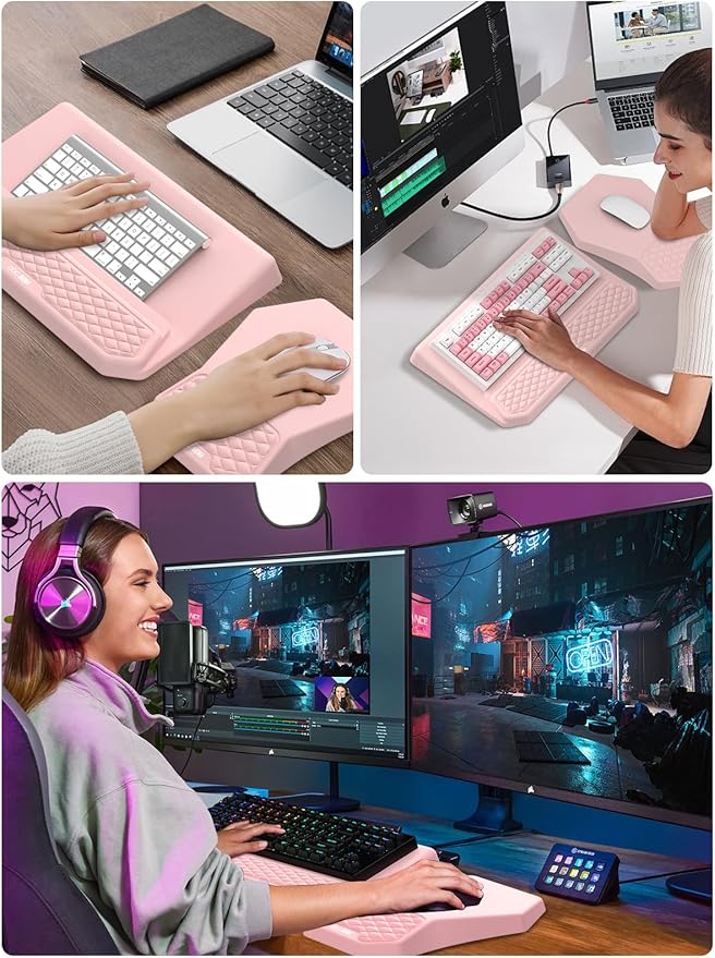 3-in-1 Ergonomic Keyboard Stand with Wrist Rest & Mouse Pad Set, Comfy Keyboard Riser Holder Soft Mousepad with Massage Design, Memory Foam and Non-Slip PU Base for Wrist Support, Pink